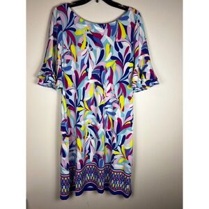 Pappagallo  Women's Sz L Multicolor Abstract Print Ruffle Sleeve Sheath Dress